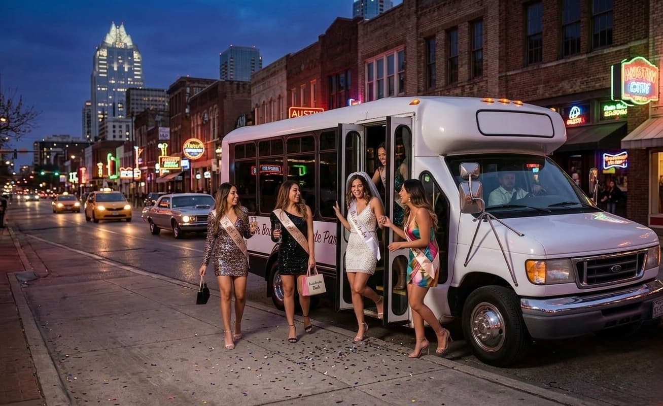A bachelorette group stepping off the 16 on a downtown Austin street at dusk